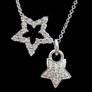 Estate Natural Diamond Star Necklace 18K 14K Gold with Dangle Star Charm Chain